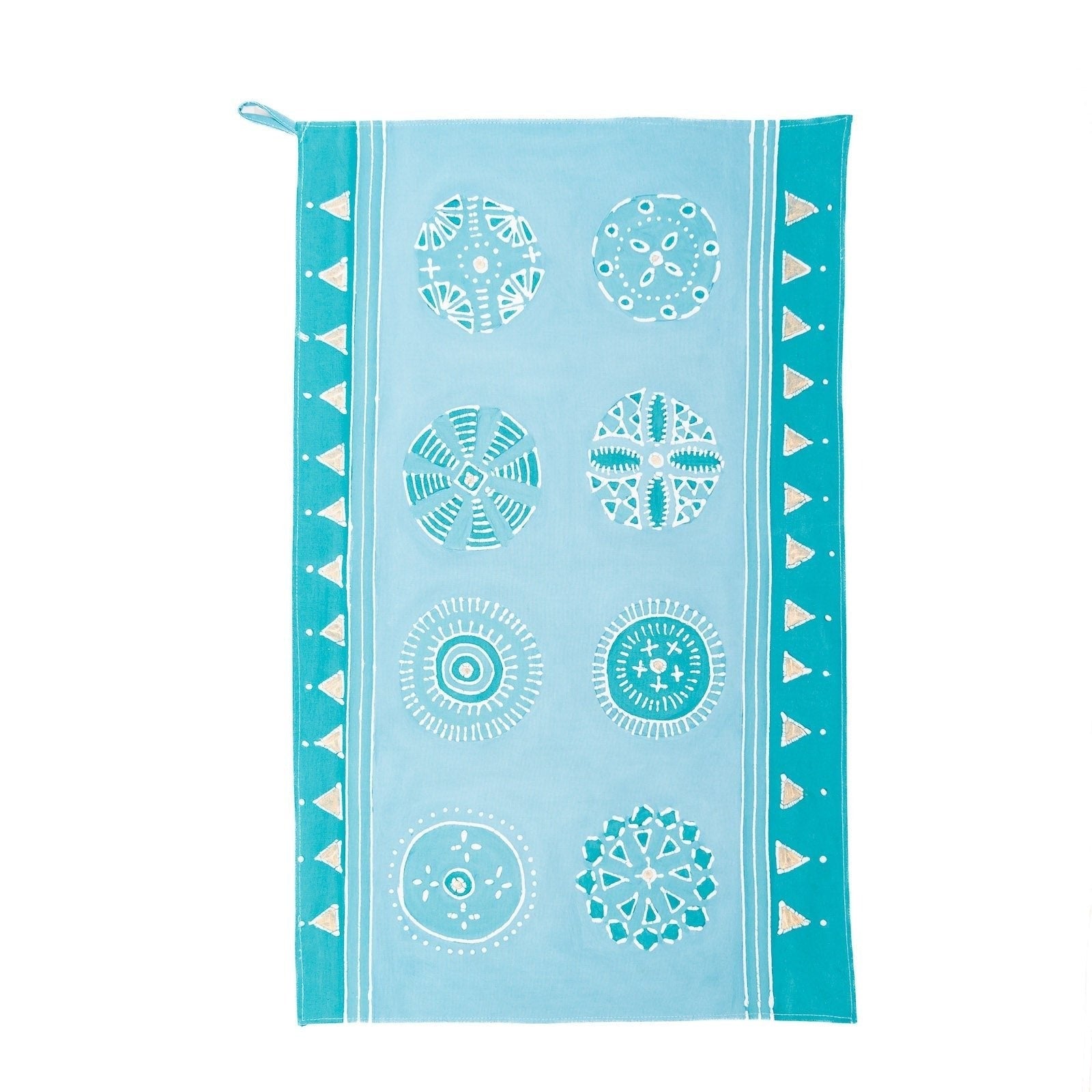 Bright and beautiful light blue table cloth, adorned with gold accents and made from 100% cotton.