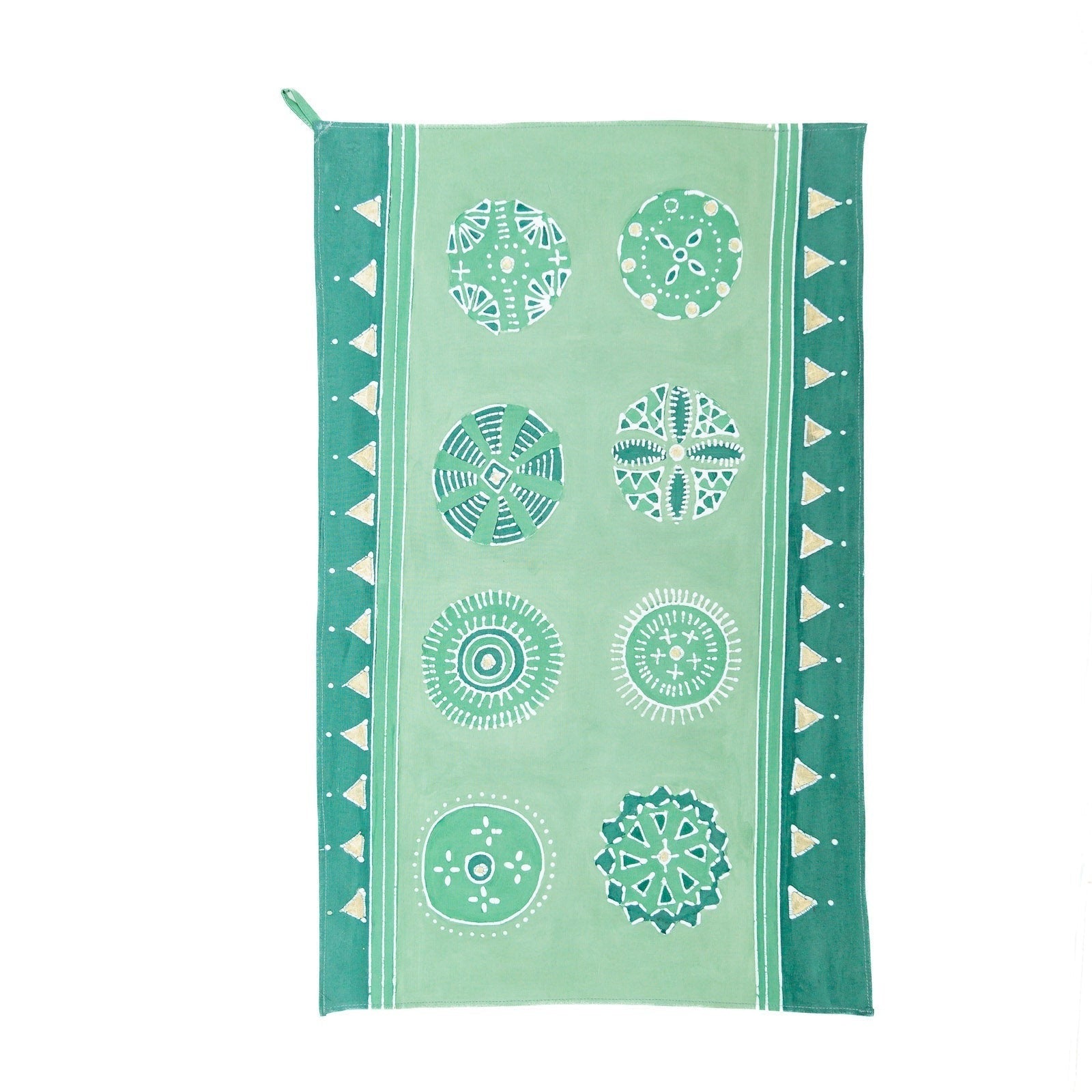 The perfect jade green tea towel, adorned with intricate circular patterns and gold accents.