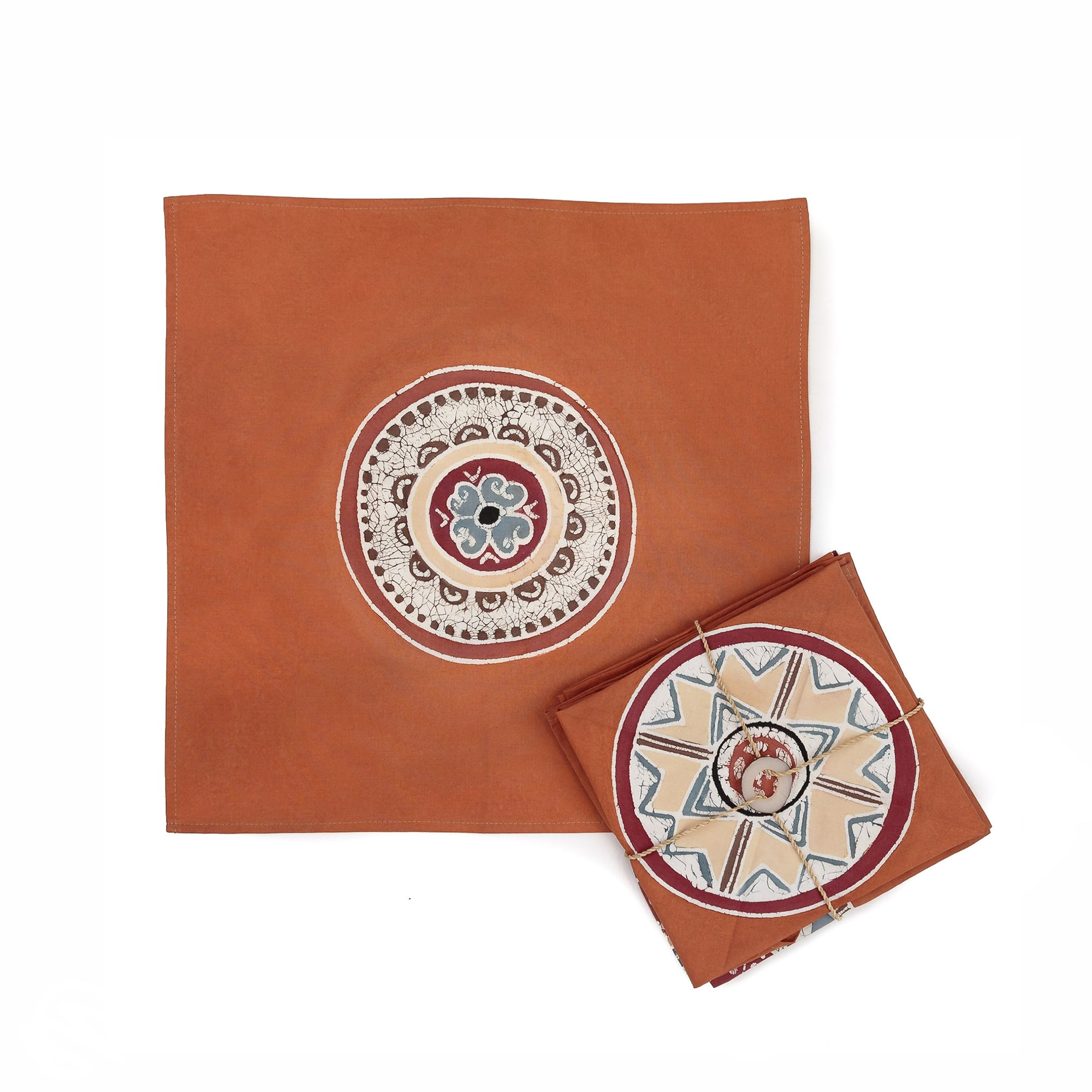 Colourful hand painted African pattern fabric cloth napkins in orange
