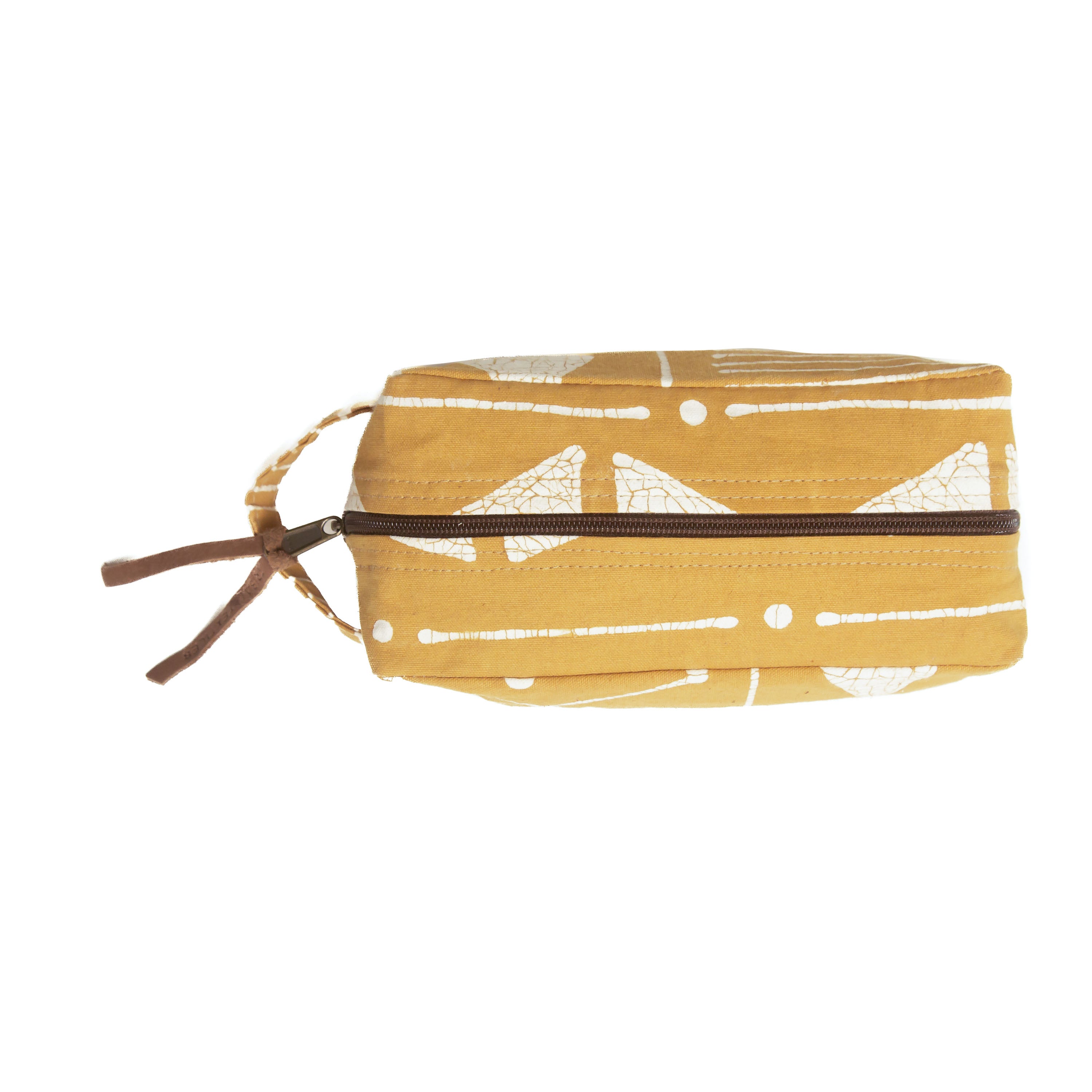 Yellow pouch with white patterns and a brown zipper on a white background