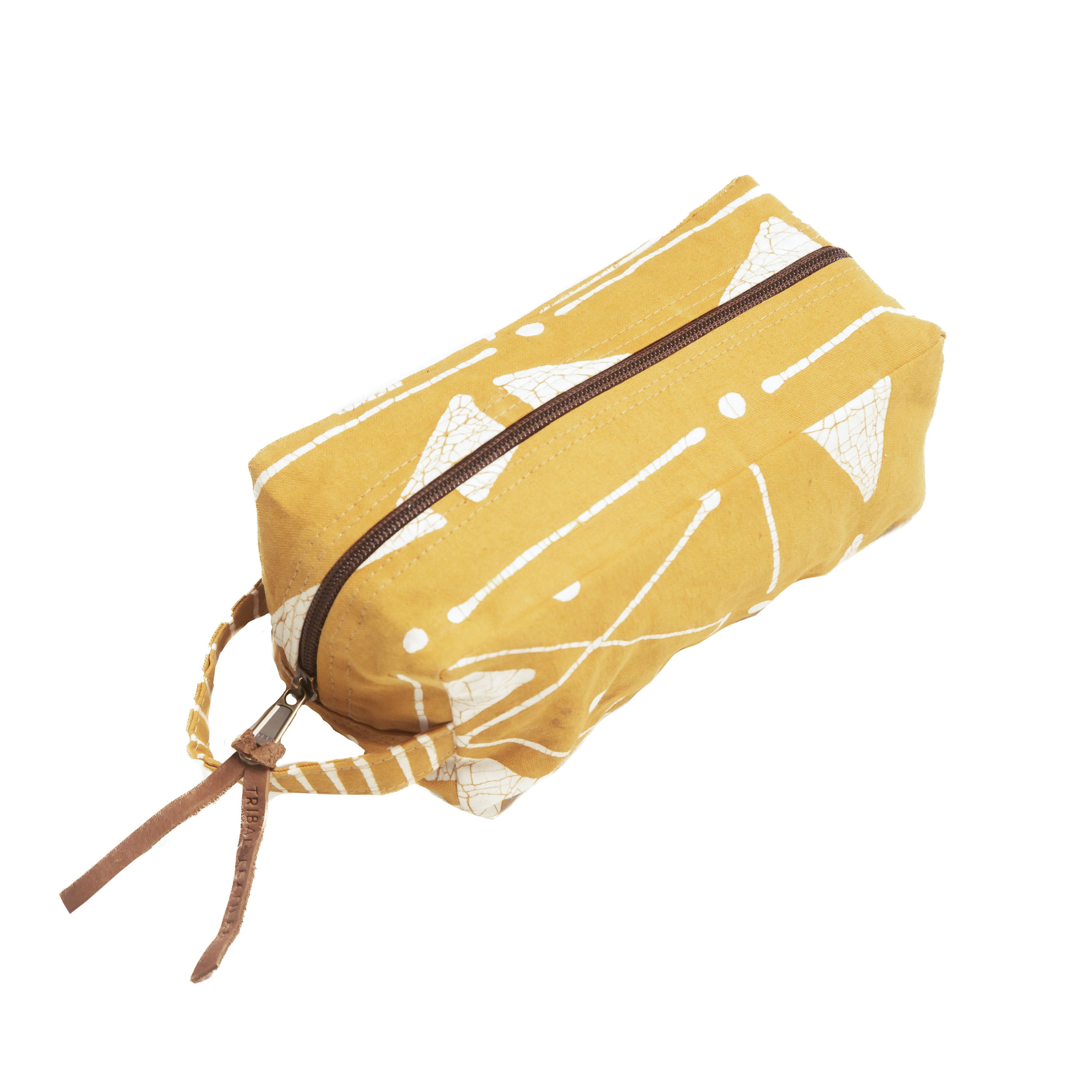 Yellow pouch with white patterns and a brown zipper on a white background