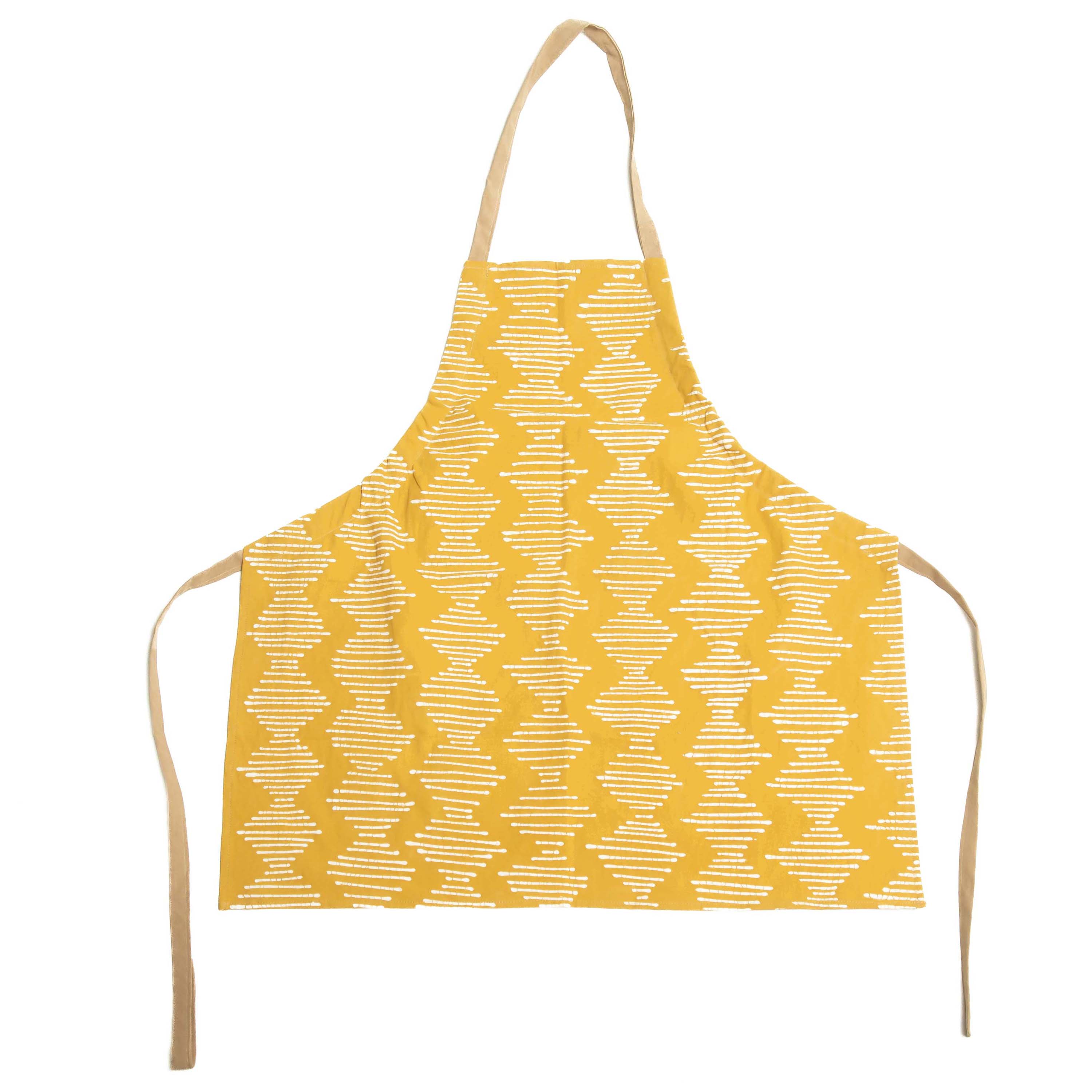 Yellow apron with a white zigzag pattern on a white background