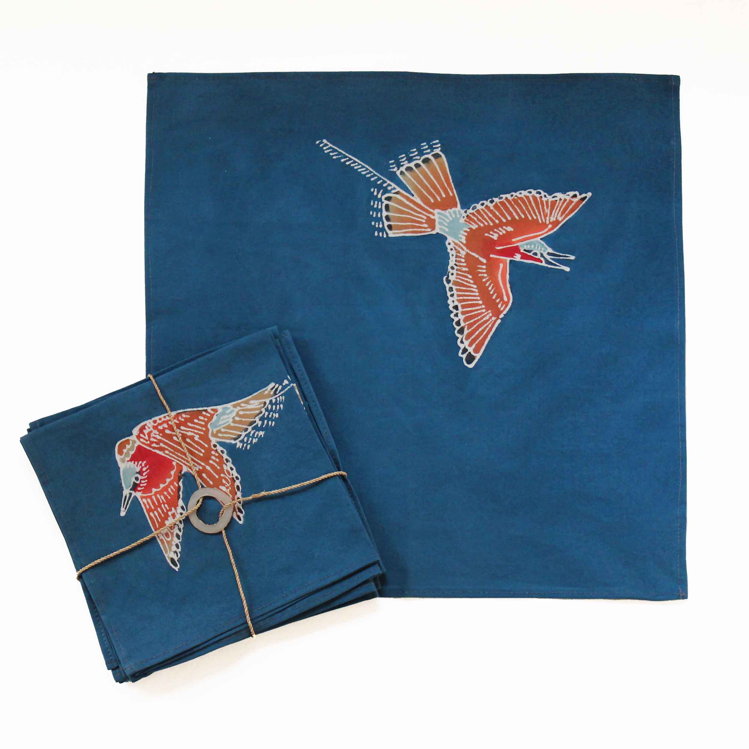 The perfect shade of blue matched to beautiful African birds, handmade and painted to created unique and lasting napkins.