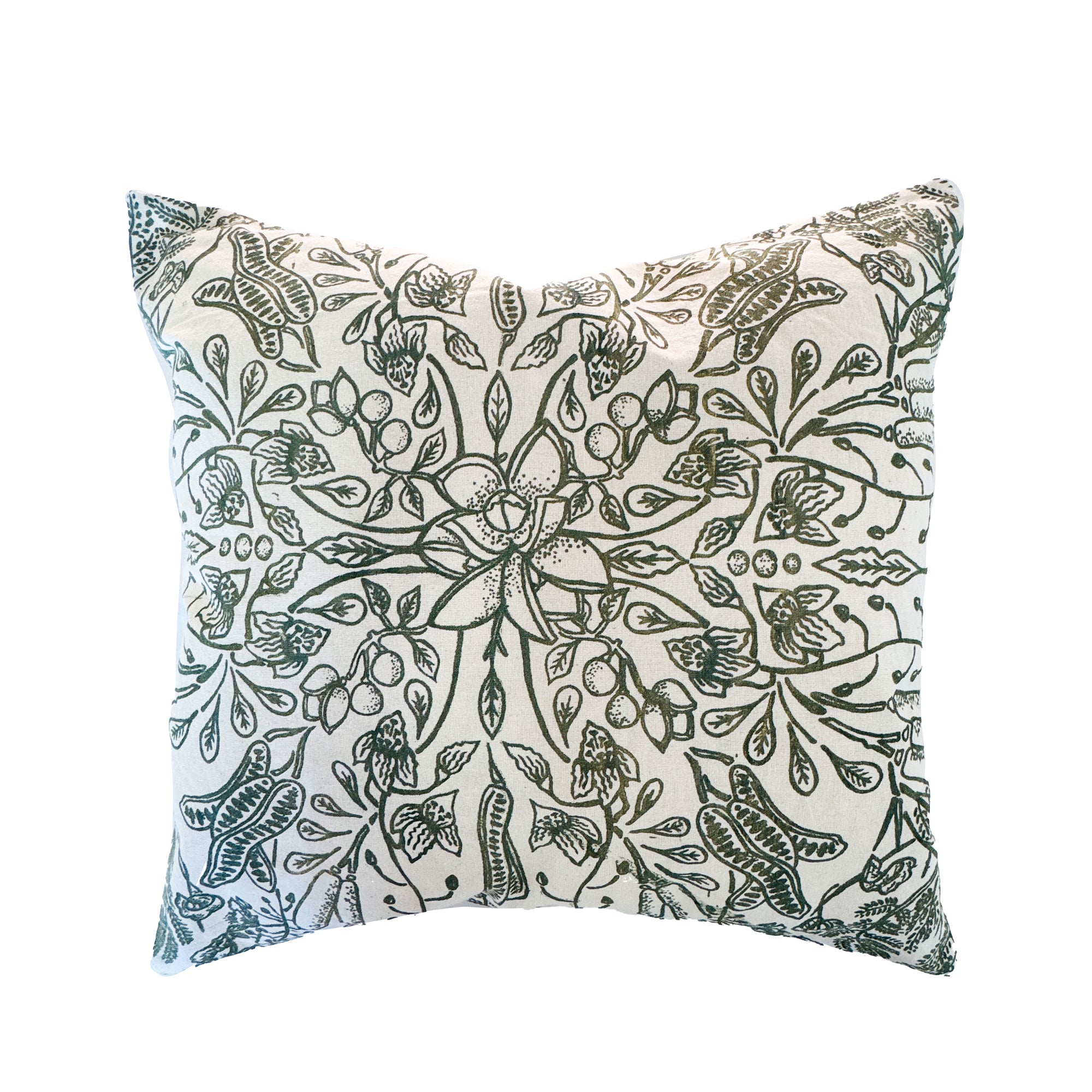 Beige raw cotton cushion cover featuring a symmetrical hand-printed green leaf pattern, styled on a neutral background, ethically handcrafted in Zambia for sustainable, eco-friendly living room or bedroom decor and artisan interiors.
