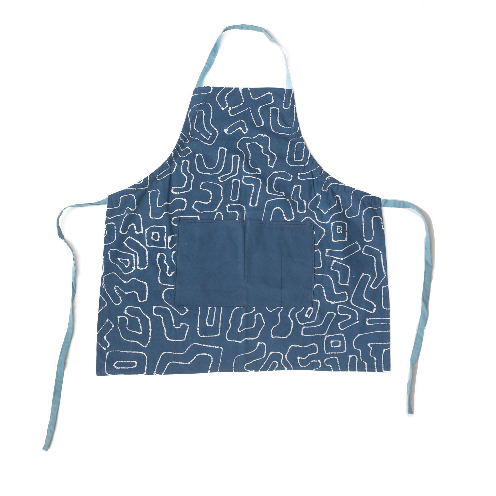The perfect indigo apron adorned with a squiggle pattern, made from 100% cotton.