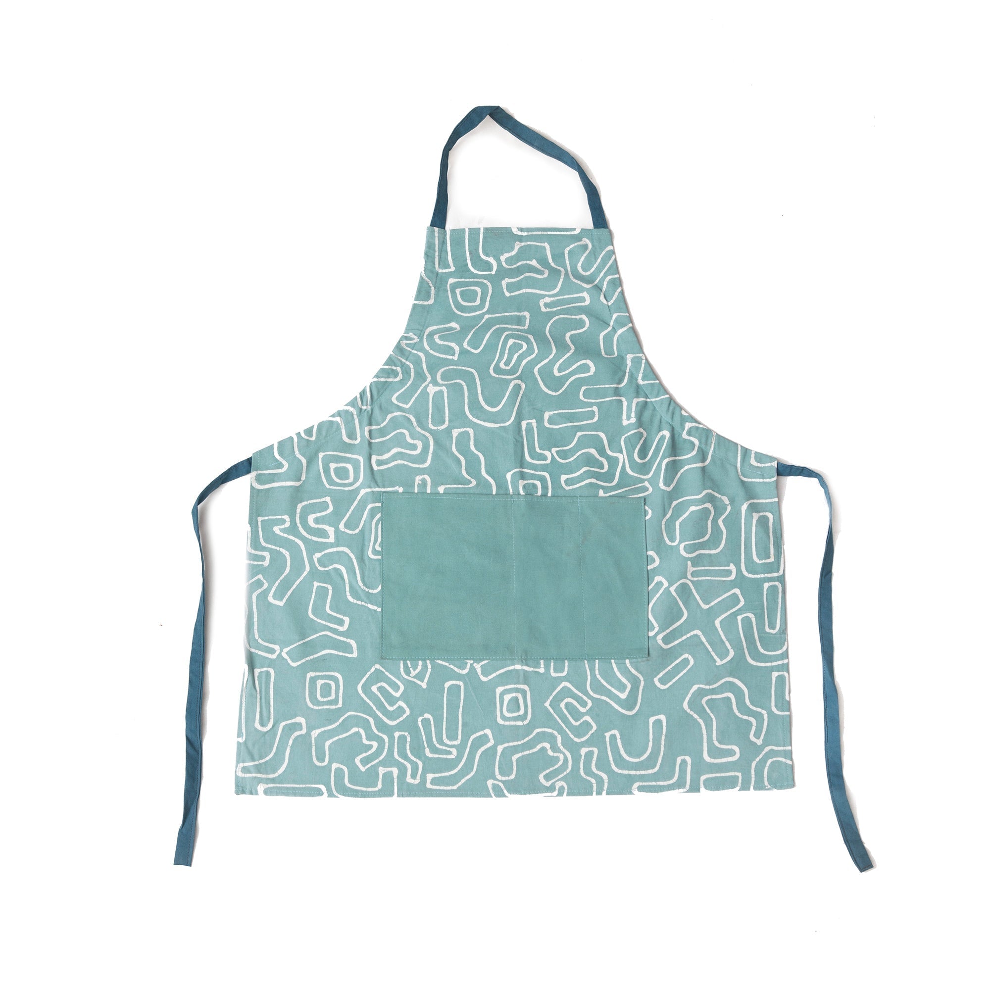 Beautiful light blue apron, adorned with a squiggle pattern made on 100% cotton.