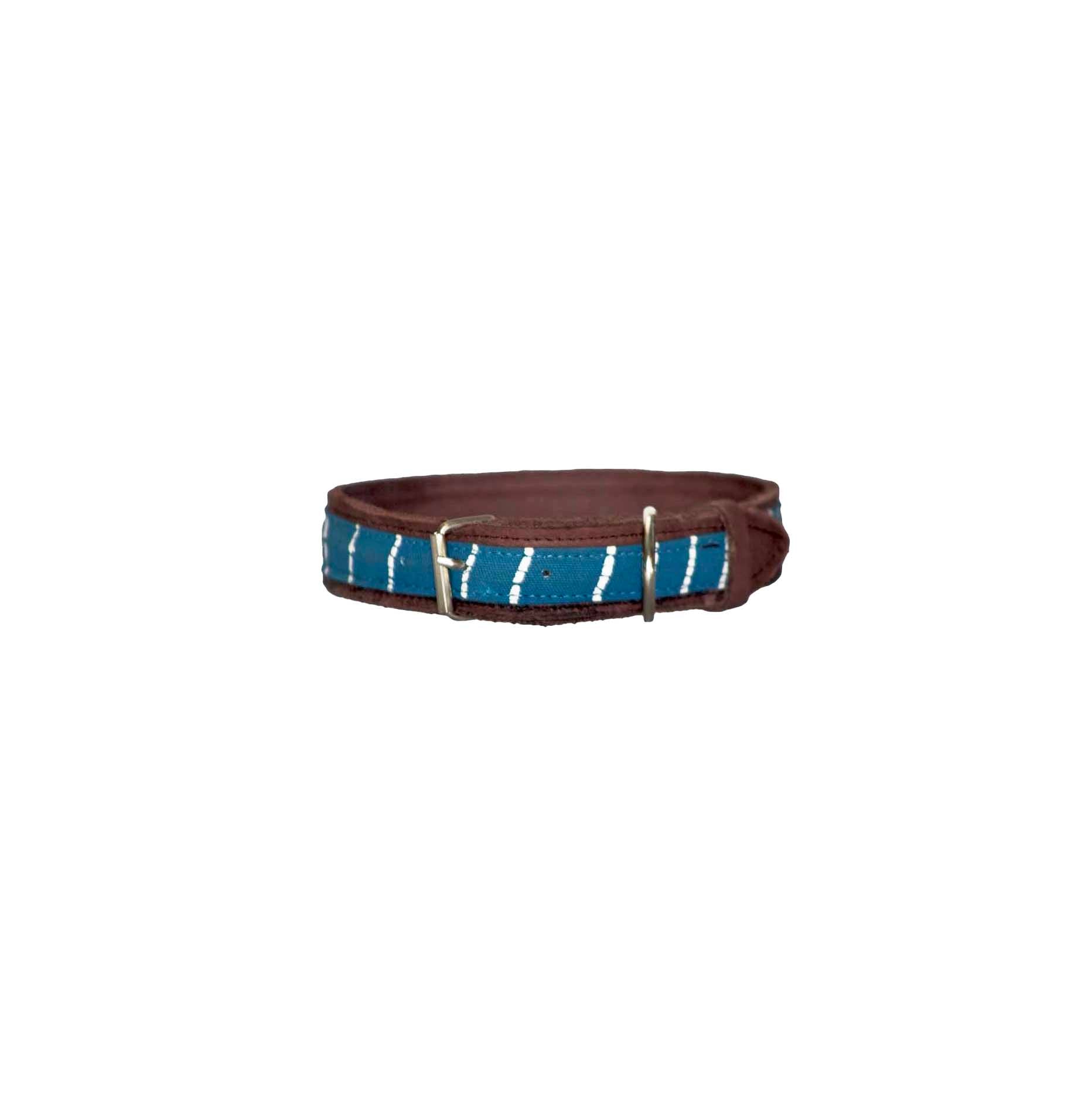 Handcrafted leather dog collar in blue kuba African print.