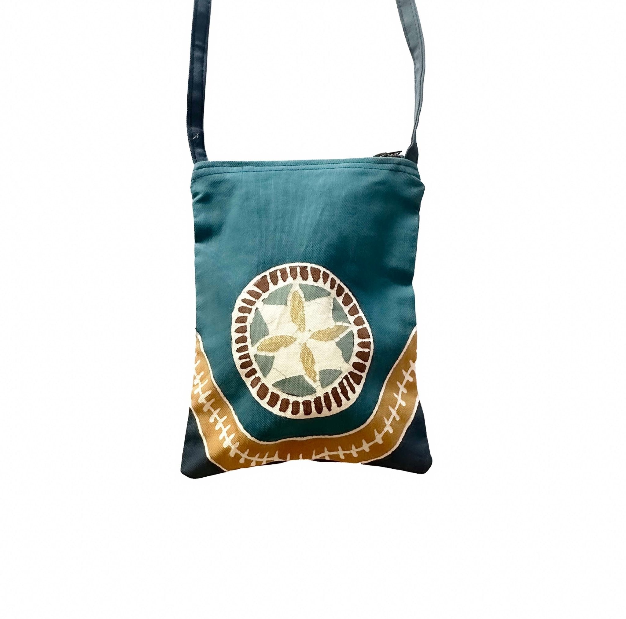 Cross body passport travel bag in deep blues and brown african handcrafted print