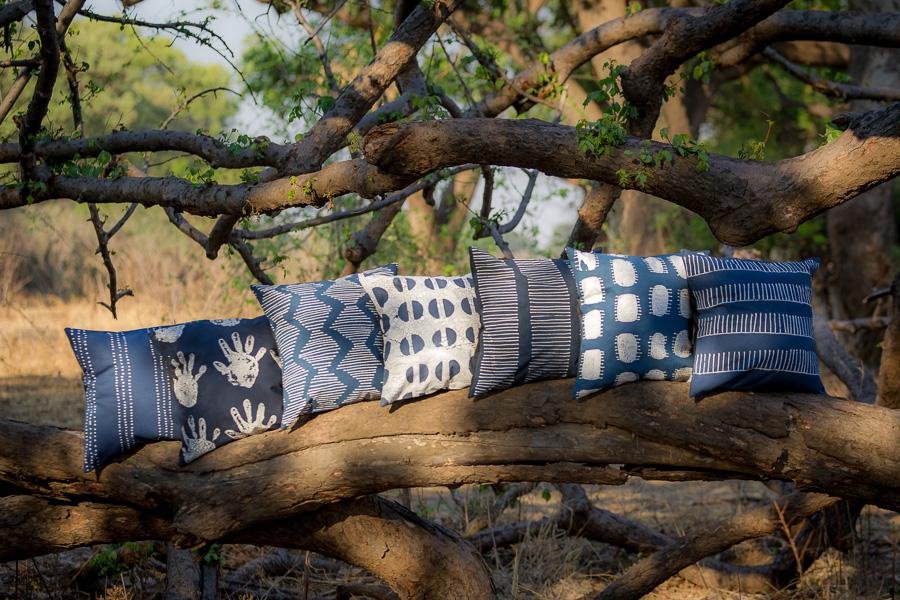 Tribal Cloth Indigo Lines Cushion Cover - Hand Painted for sustainable fashion.