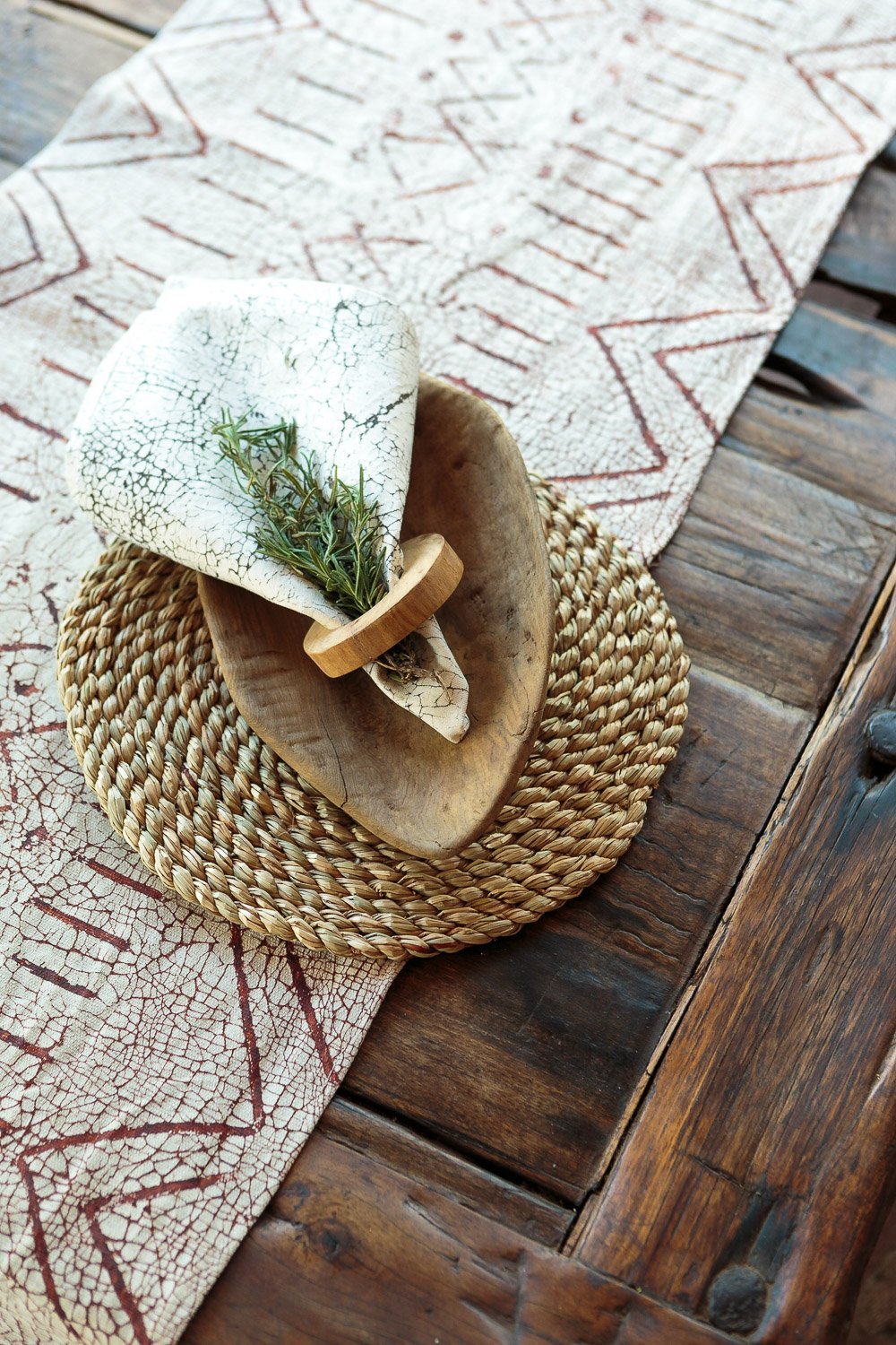 Eco-friendly table runner in Matika Linen rust, ideal for sustainable dining decor.