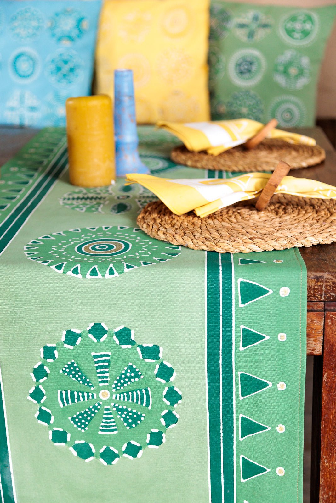 Serene jade green table cloth with detailed pattern and gold accents. The perfect bohemian mix of pattern and colour.