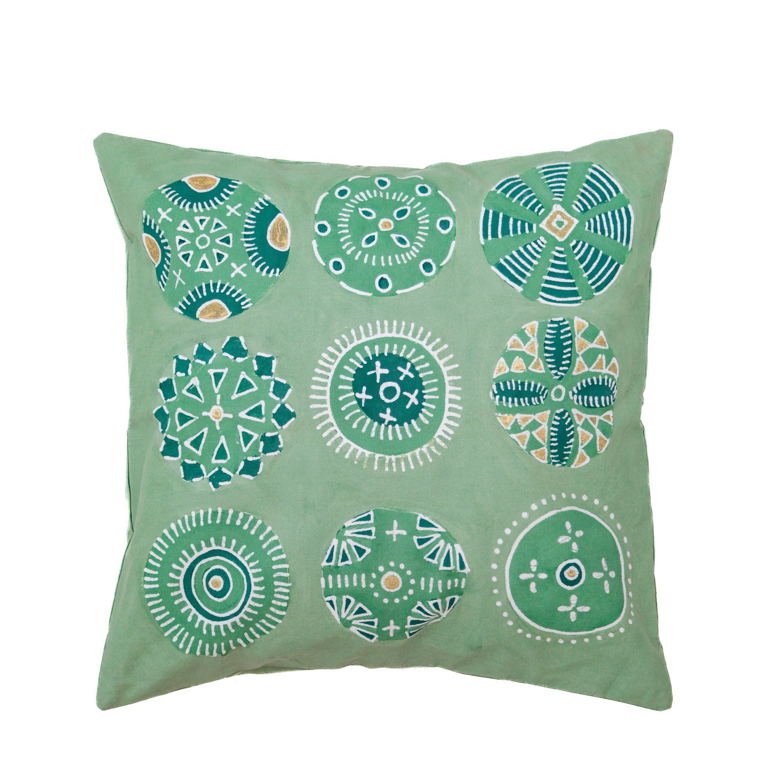 African-inspired jade green cushion cover adorned in gold and beautiful circles.