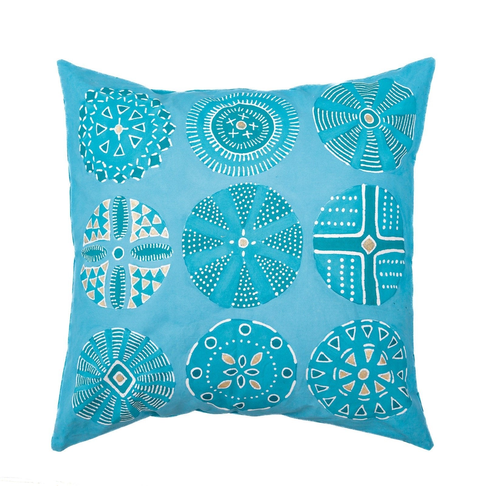 Golden, bright blue cushion covers that swallow you in bright peace and joy.