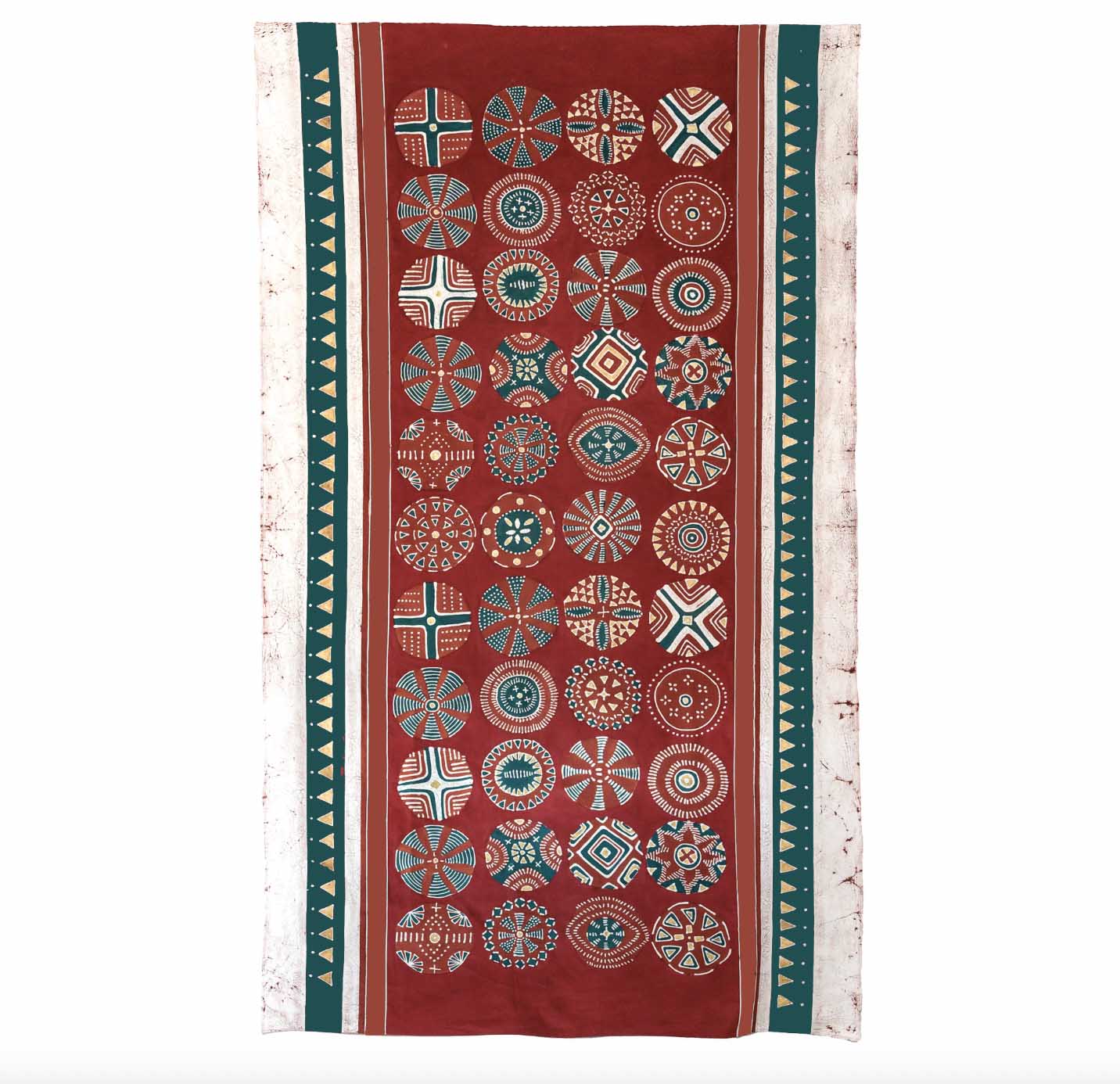 Large intricate table cloth, detailed with circular patterns in beautiful reds.