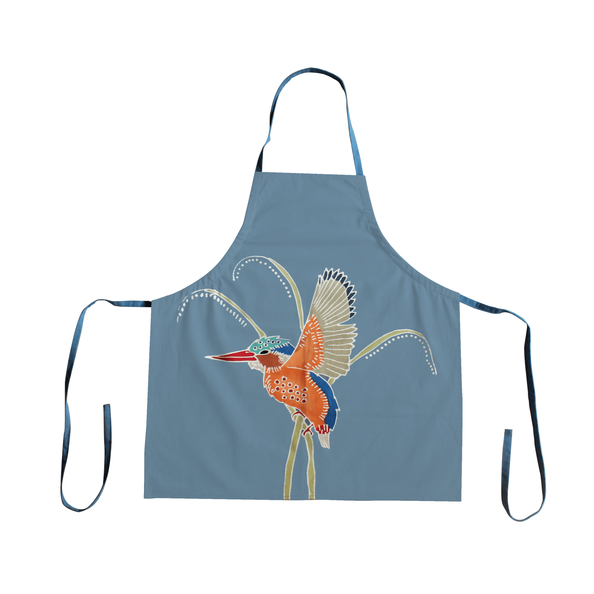 Kingfisher apron handpainted in intricate detail and colour with a pale grey background, perfect to wow in the kitchen.