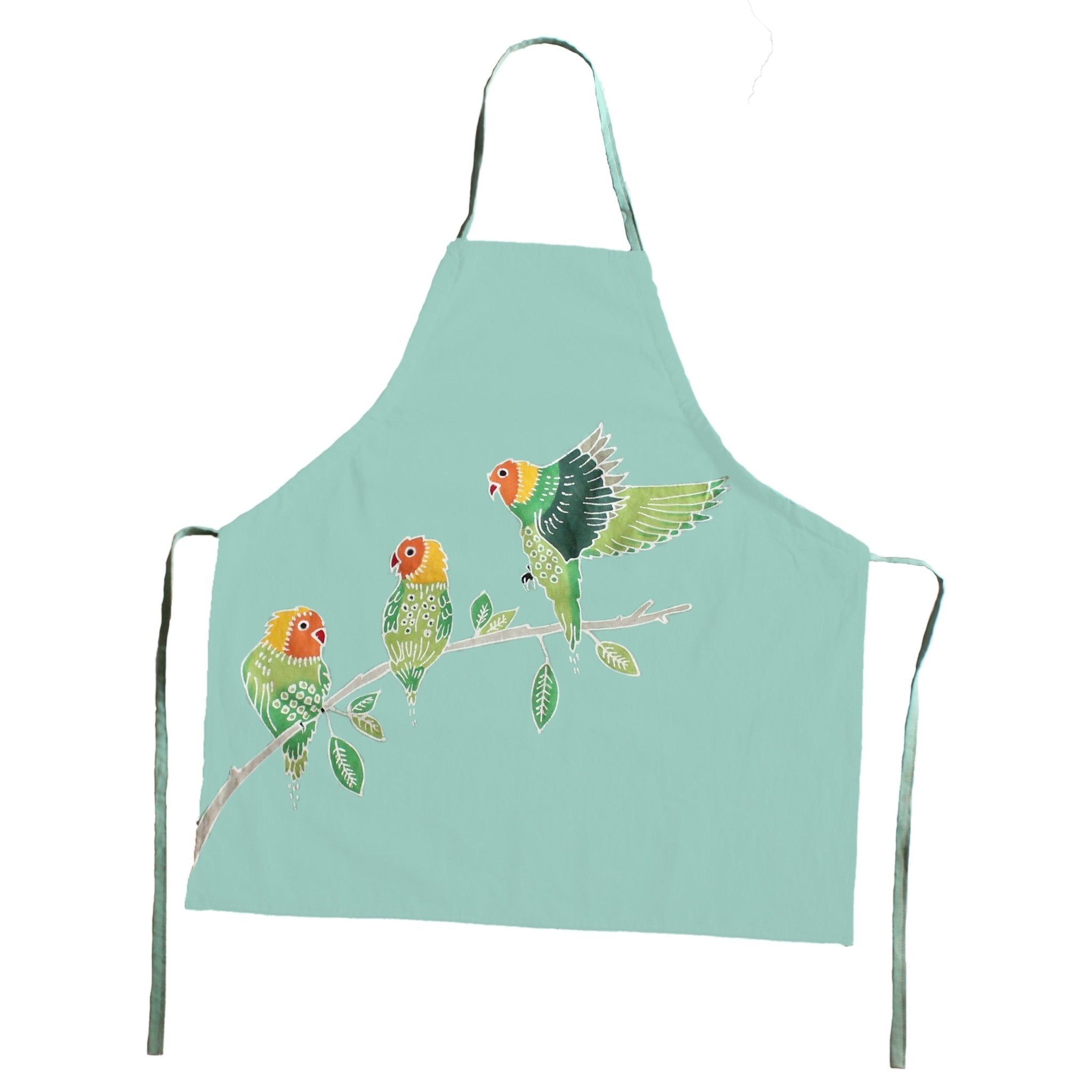 Beautiful pale green apron adorned with colourful African lovebirds, it is bound to bring fresh energy into your kitchen.