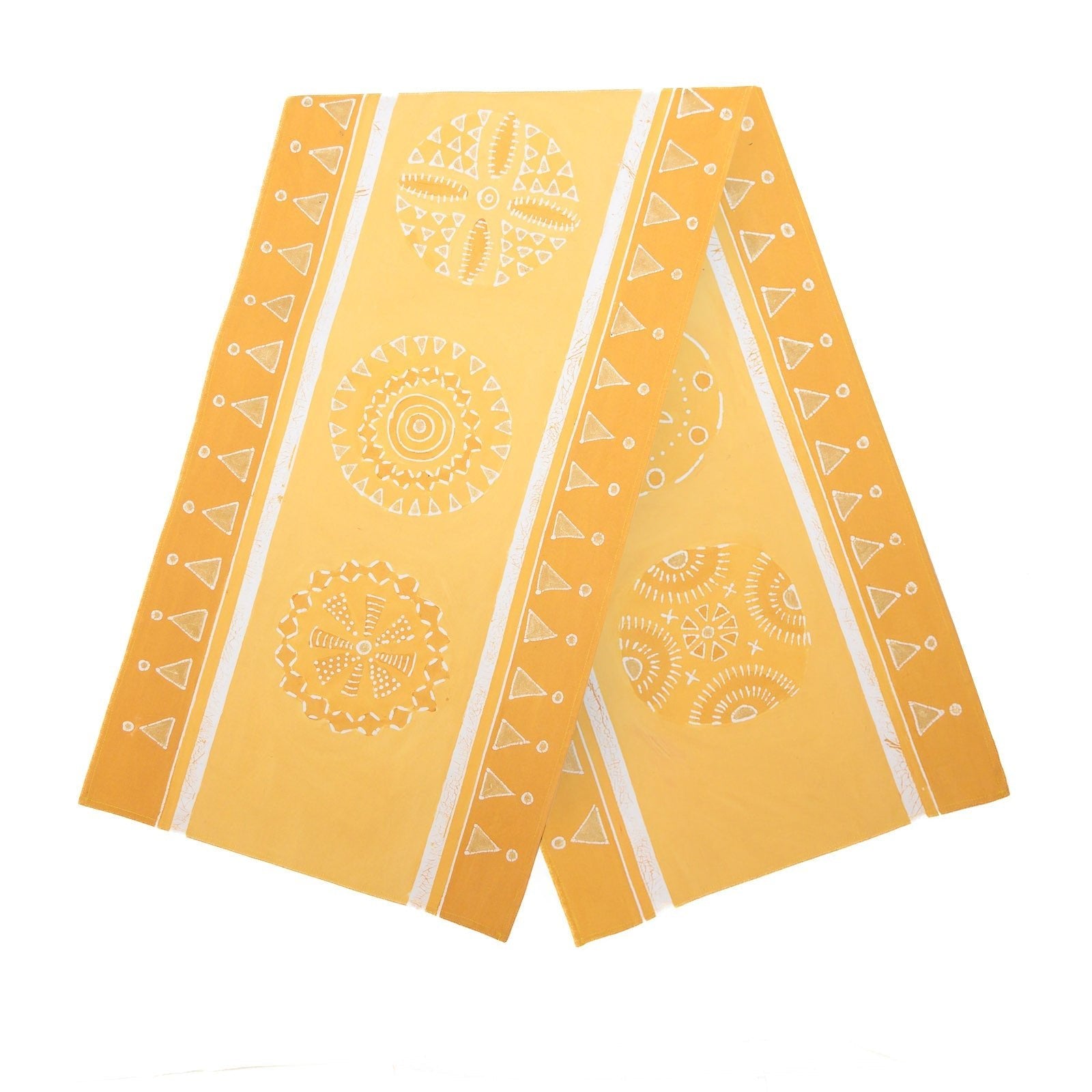 The perfect light yellow table runner, adorned with intricate circular patterns and gold accents, made on 100% cotton.