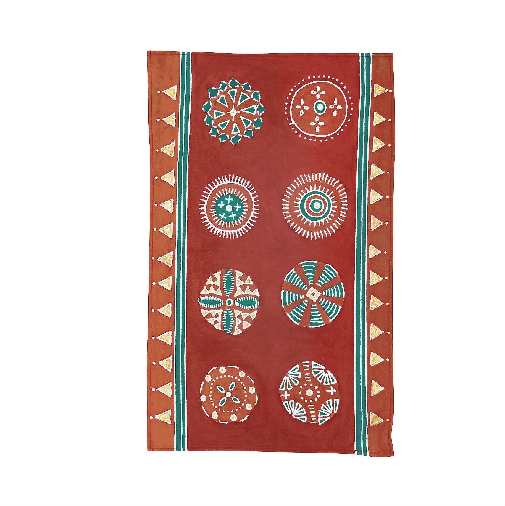 Beautiful red and orange tea towel adorned with intricate circular patterns inspired by African drawings.